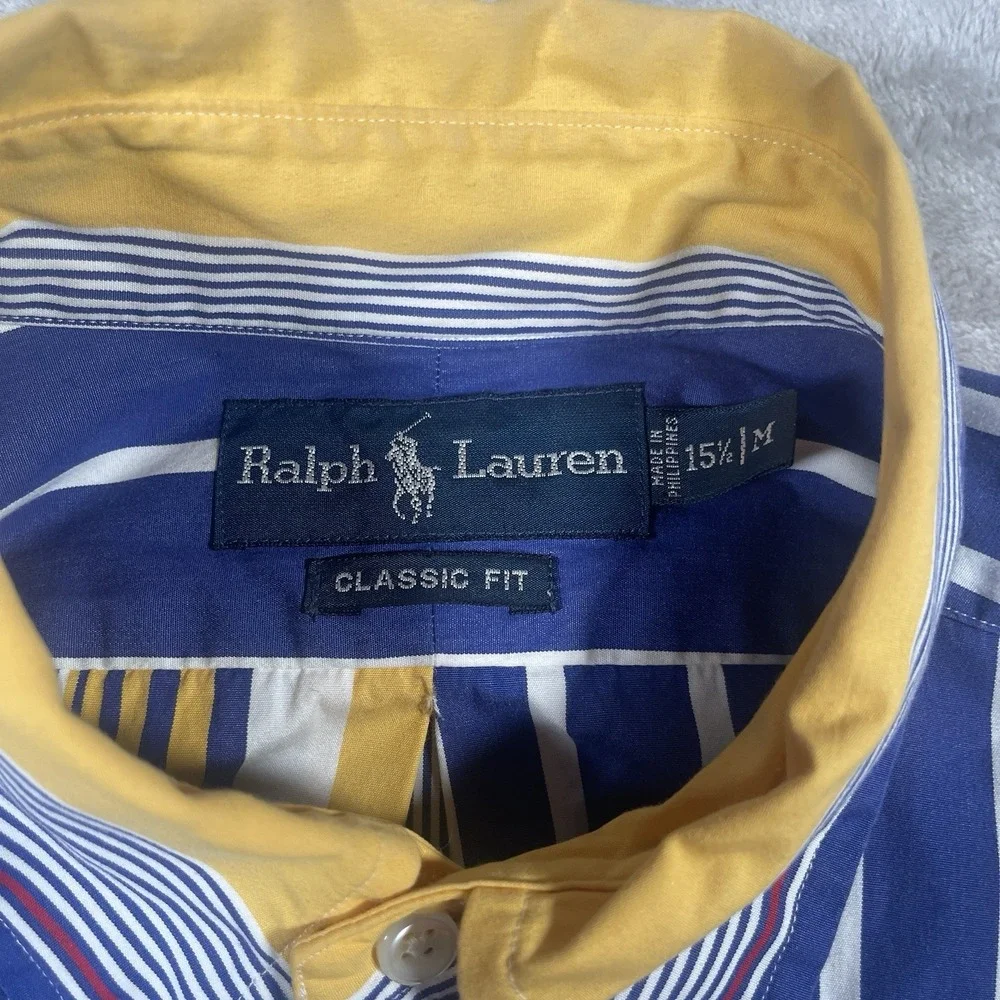 Vintage Ralph Lauren Shirt Mens M Yellow Blue Striped Button Up Retro 90s‎